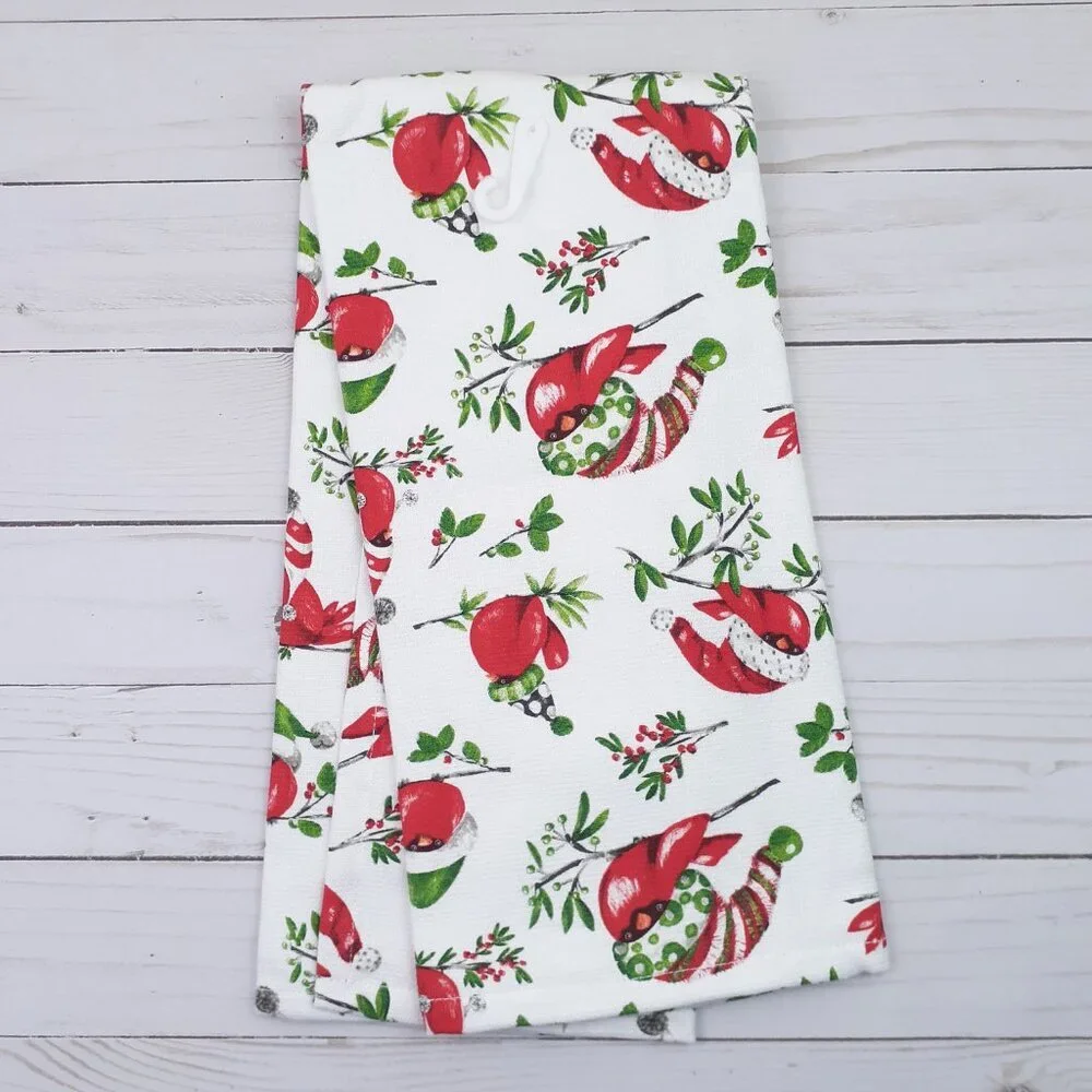 Kitchen Dish Towel Winter Birds Playful Cardinal Dual Purpose
